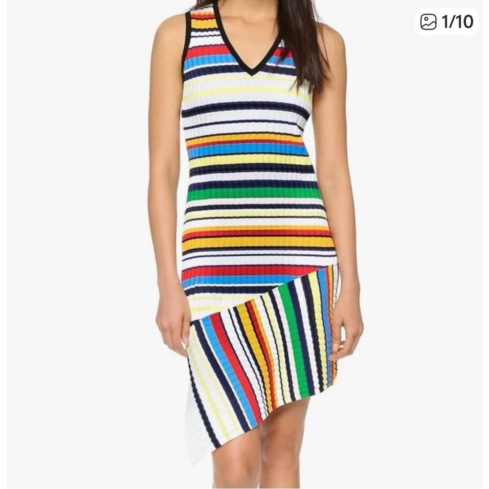 Milly Striped Knit Dress Asymmetrical Hem V Neck Multicolor Size L - Picture 4 of 13
